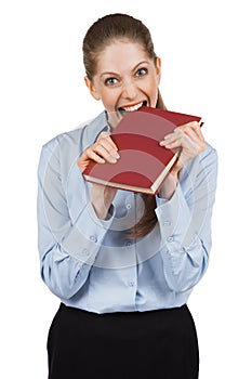 Nervous woman tries to bite a book