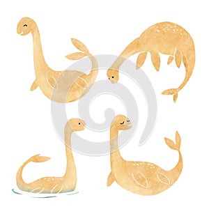 Nessie or Loch Ness Monster . Cute dinosaur cartoon characters . Watercolor paint design . Set 15 of 20 . Vector