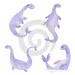 Nessie or Loch Ness Monster . Cute dinosaur cartoon characters . Watercolor paint design . Set 14 of 20 . Vector photo