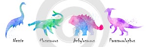 Nessie, Mosasaurus, Ankylosaurus, Parasaurolophus dinosaurs . Colorful silhouette watercolor painting style . Set 4 of 5 .