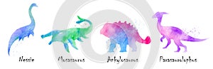 Nessie, Mosasaurus, Ankylosaurus, Parasaurolophus dinosaurs . Colorful silhouette watercolor painting style . Set 4 of 5 . photo