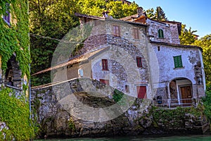 Nesso, Italy - July 16, 2021: The medieval coastal town of Nesso in the Como lake, Italy