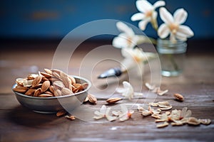 a nest of almond husks on a rough-textured table