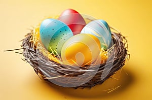 Nest with bright colorful eggs on yellow background