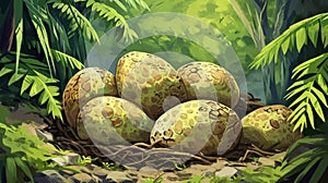 A nest of dinosaur eggs with bite marks evidence of predation by smaller but still formidable predators