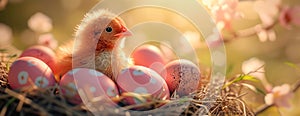 Nest with Easter chick surrounded by eggs.