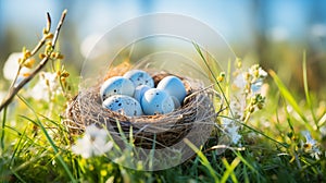 Nest with easter eggs in grass on sunlight, generative AI