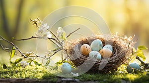 Nest with easter eggs in grass on sunlight, generative AI