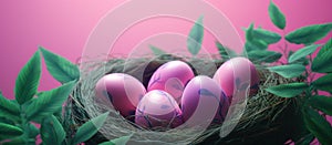 nest of easter eggs on pink background with green leaves