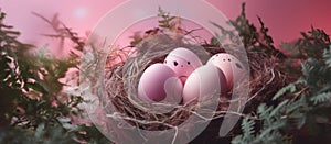 nest of easter eggs on pink background with green leaves