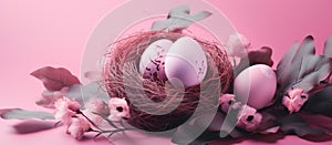 nest of easter eggs on pink background with green leaves