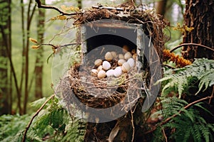nest with eggs in a mailbox, surrounded by nature