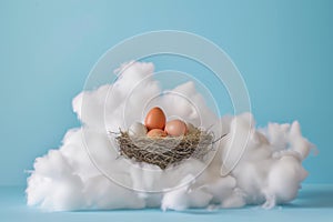 nest with eggs nestled atop a white, cottonwool cloud on blue backdrop
