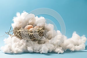 nest with eggs nestled atop a white, cottonwool cloud on blue backdrop