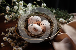 Nest of eggs on a table, a whimsical and crafty culinary presentation