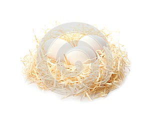 Nest with eggs on white background