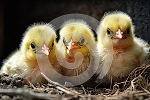 nest of fluffy yellow chicks with their beaks open, ready to chirp