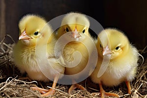 nest of fluffy yellow chicks with their beaks open, ready to chirp photo
