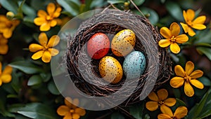 A nest of four eggs is surrounded by yellow flowers