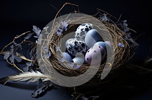 a nest full of easter eggs on a grey background