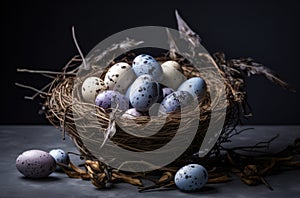 a nest full of easter eggs on a grey background
