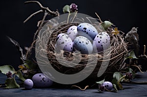 a nest full of easter eggs on a grey background