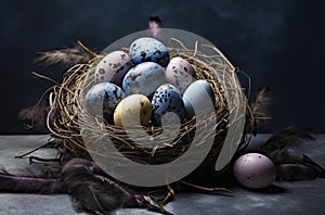 a nest full of easter eggs on a grey background