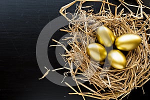 Nest Full Of Golden Eggs on black background. Financial success