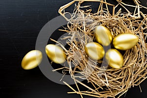 Nest Full Of Golden Eggs on black background. Financial success