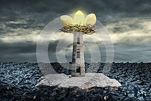 Nest with golden eggs on the top of lighthouse on