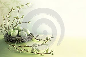 Nest of pale green eggs with delicate green branches and leaves