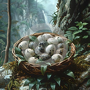 A nest of quail eggs rests in a grassfilled basket on a rocky surface