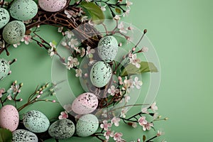 Nest of Speckled Easter Eggs Among Blooming Cherry Blossoms on Pastel Green Background