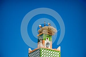 Nest of a storks on a minaret in Ouarzazate, Morocco.