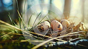 A nest of three eggs is sitting on a patch of grass