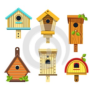 Nesting boxes or birdhouses isolated icons wooden handicrafts