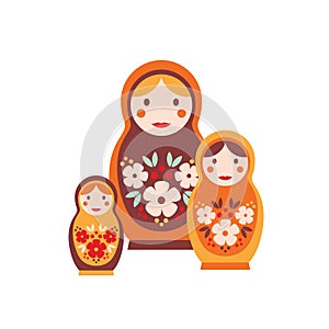 Nesting doll flat vector illustration. Colorful matrioshka, isolated on white background. Wooden dolls of decreasing