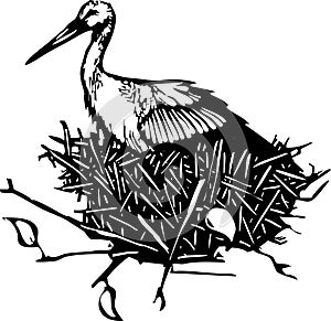 Nesting woodcut Stork