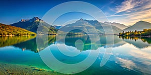 Tranquil Reflections on Lake Annecy at Balme de Sillingy A Minimalist View of Swiss Alps Beauty photo