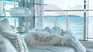 Nestled in the lavish interior of a private yacht this podium exudes sophistication and wealth. The glass shelves gleam