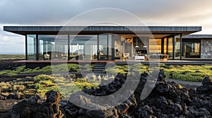 Nestled within a sprawling lava field this private residence boasts floortoceiling windows that offer incredible views