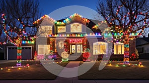 House with colorful Christmas lights and decorations photo