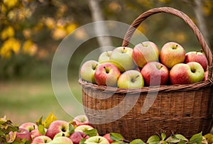 Nestled in a woven basket, autumn apples shine with a crisp allure, their juicy flesh and vibrant hues embodying the