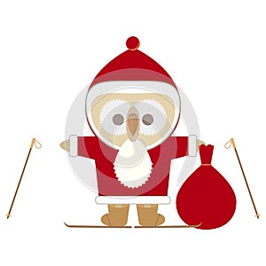 Nestling dressed in santa claus costume. He with a bag of gifts and on skiing.