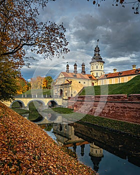 Nesvizh castle under the autumn cloudy sky. Minsk region, Belarus