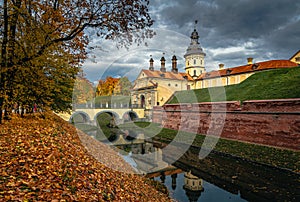 Nesvizh castle under the autumn cloudy sky. Minsk region, Belarus
