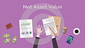 Net asset value nav illustration with business man working on paper document graph
