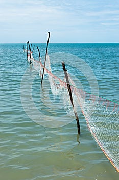 Net fishing in the ocean when the water receded photo