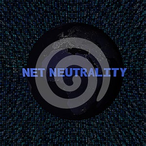 Net Neutrality text with earth by night and blue hex code illustration
