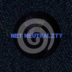 Net Neutrality text with earth by night and blue hex code illustration